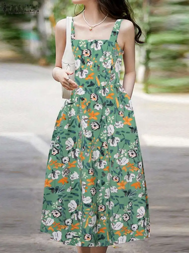 

ZANZEA Casual Summer A-line Sundress Bohemian Vacation Women Sleeveless Beach Midi Dress Floral Print Waisted Straps Slip Dress