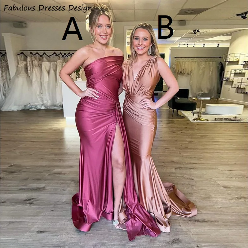 Dusty Rose One Shoulder Bridesmaid Dresses Mermaid Streamer Slit Backless Wedding Party Dress For Women Maid Of Honor
