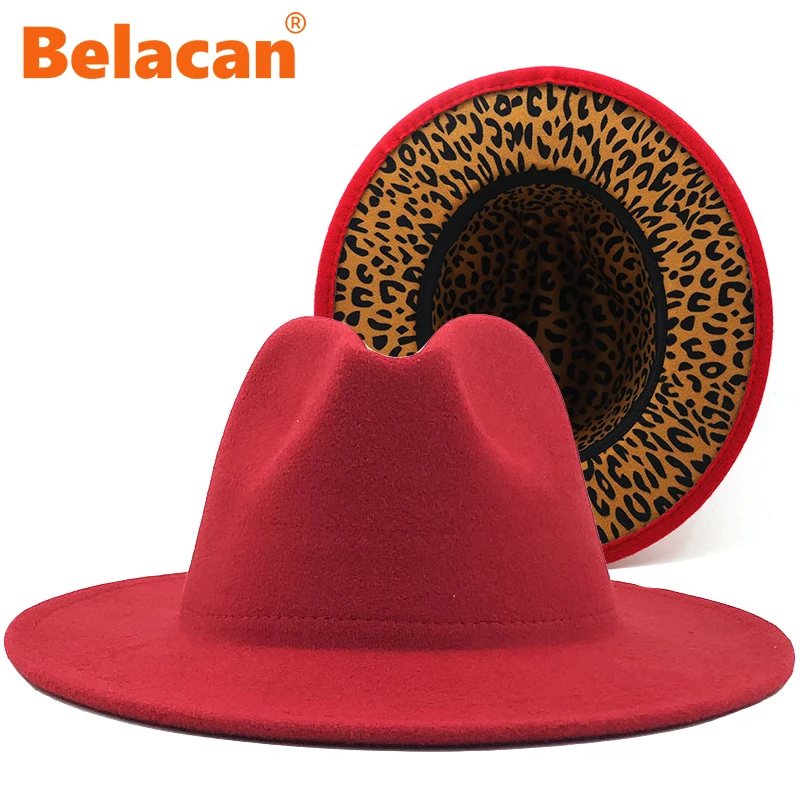 

Fedora Hats For WoMen Inner Leopard Print Elegant Wide Brim Panama Hat Woolen Felt Jazz Vintage Church Sombrero Top Hats For Man