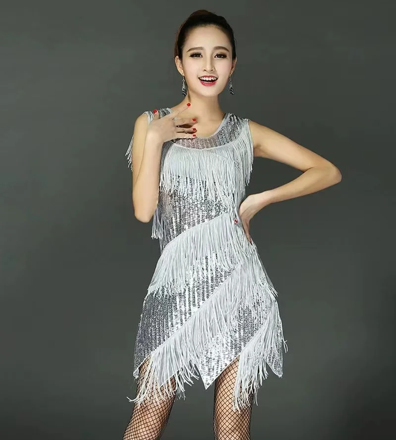 

Women V-Neck Sleeveless Sparkling Sequins Tassels Fringe Ballroom Samba Tango Latin Dance Dress Stage Performance Rave Costume