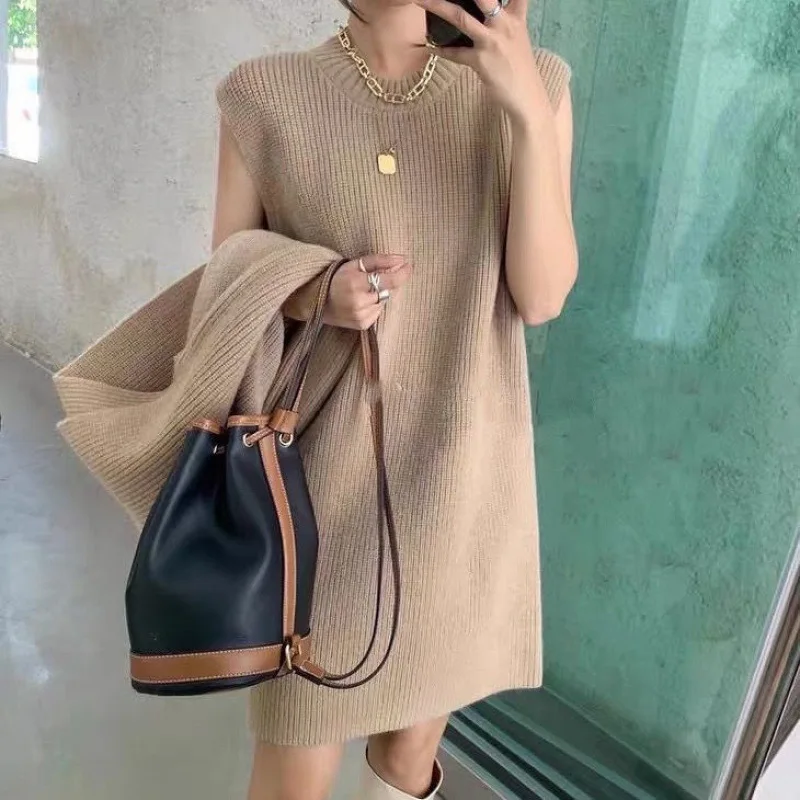 

2023 Ropa Mujer Two Piece Sets Womens Outfits Loose Cropped Pullovers Tops Sleeveless Casual Dress Suit Korean Knitted Set 7h413