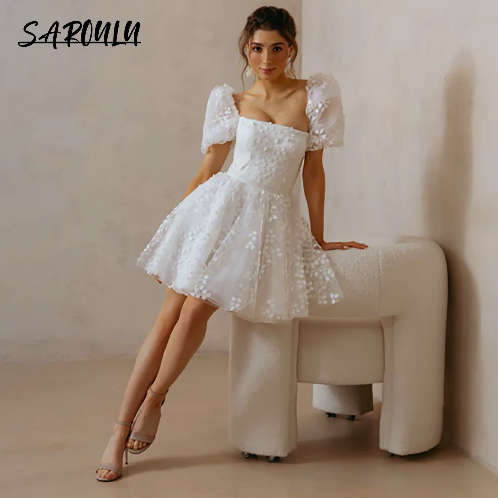 

Modern Short Wedding Dress Square Neckline Lace-up Puff Sleeve Mini Length Above Knee Bridal Wedding Gown For Women
