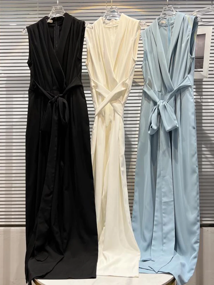 

HIGH STREET Latest 2022 Fashion Star Style Designer Women's V-neck High Waist Belted Wide-Leg Jumpsuit