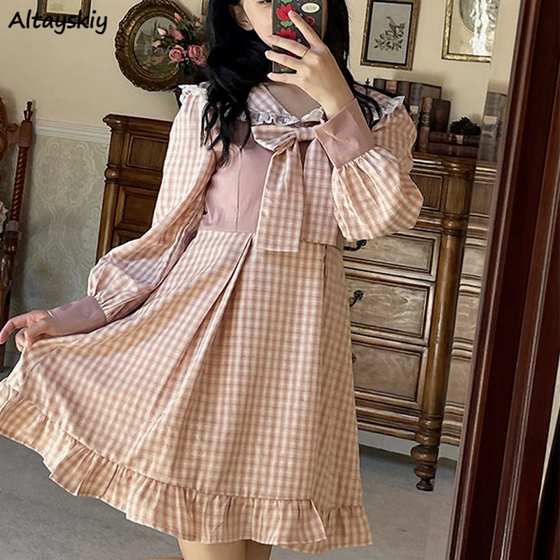 

Long Sleeve Dress Women Sweet New Design Fashion College Style Ins Spring Mini Plaid Leisure Patchwork Vestido Feminino Elegant