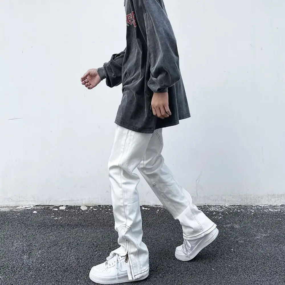 Men Jeans Hip Hop White Pants Loose Side Zipper Casual Loose Jeans Men Pants Denim Streetwear Wide Leg  Vintage