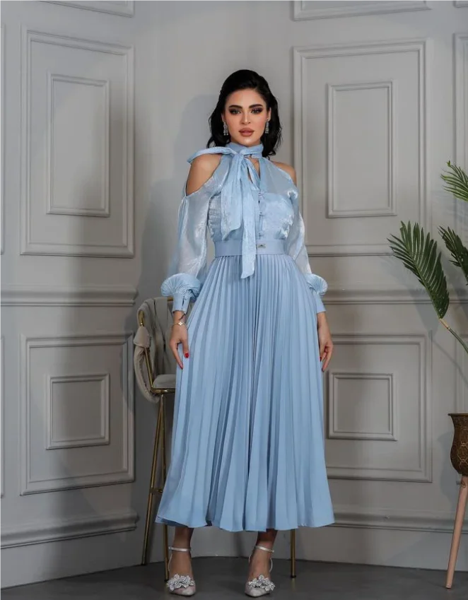 Фото Синее платье длиной до щиколотки с морщинами Vestido De Festa Luxo Dubai Vestidos De Fiesta Redwona Sukienka Вечернее платье 기모노 №1
