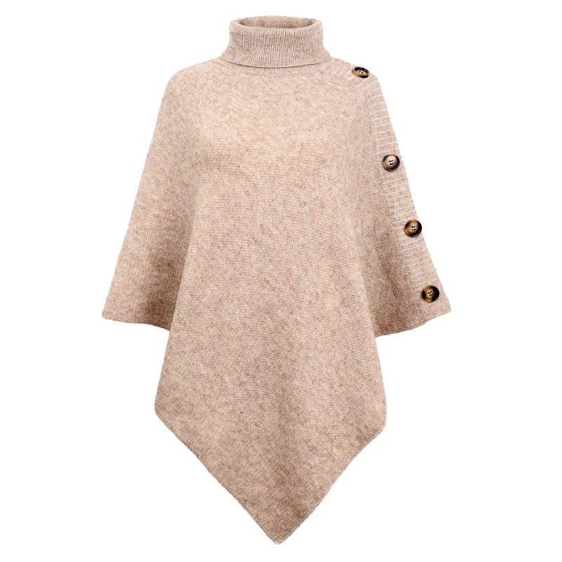 Fashion Autumn Winter Button Poncho Women Sweater Oversized Turtleneck Jumper Knitwear Holiday Vintage Cape  Sleeve Beige Cloak