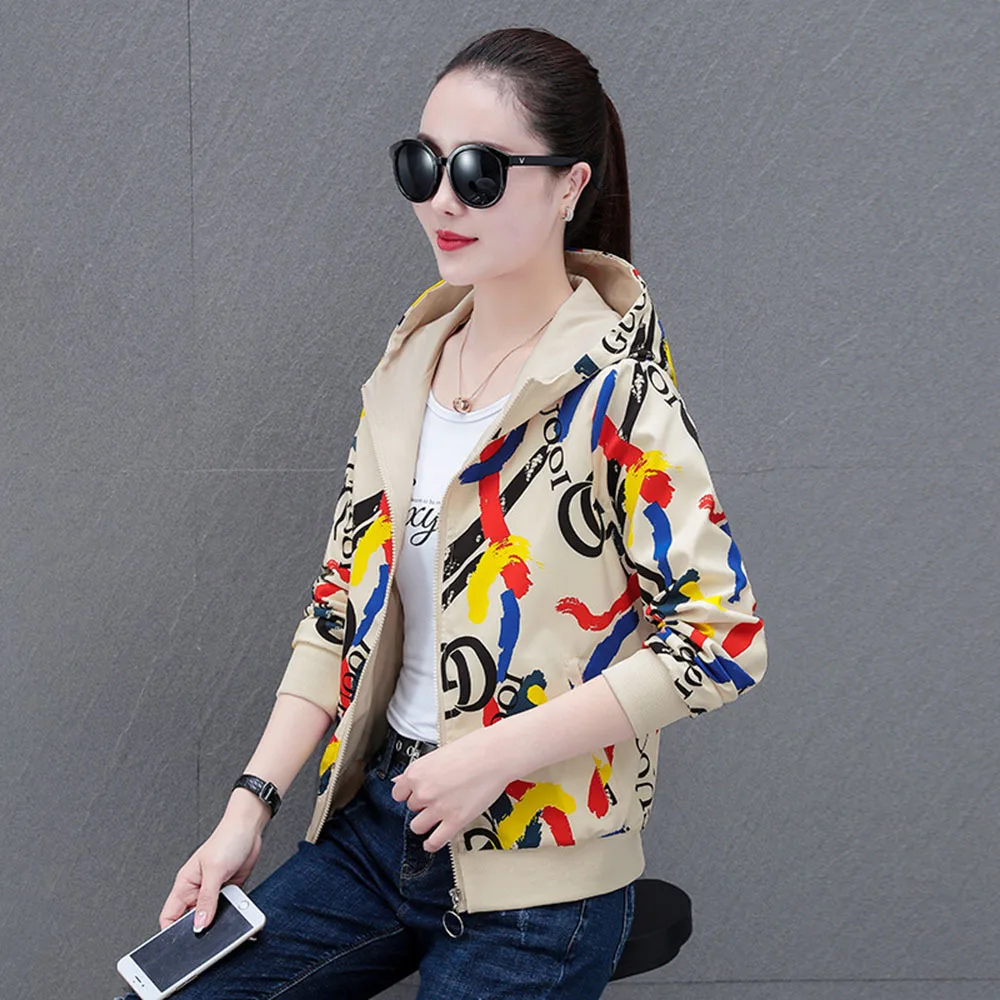 

Short Coat Women's 2022 Spring Autumn New Korean Version Printed Double-sided Wear Women's Hooded Jacket Casual Chic Outerwear
