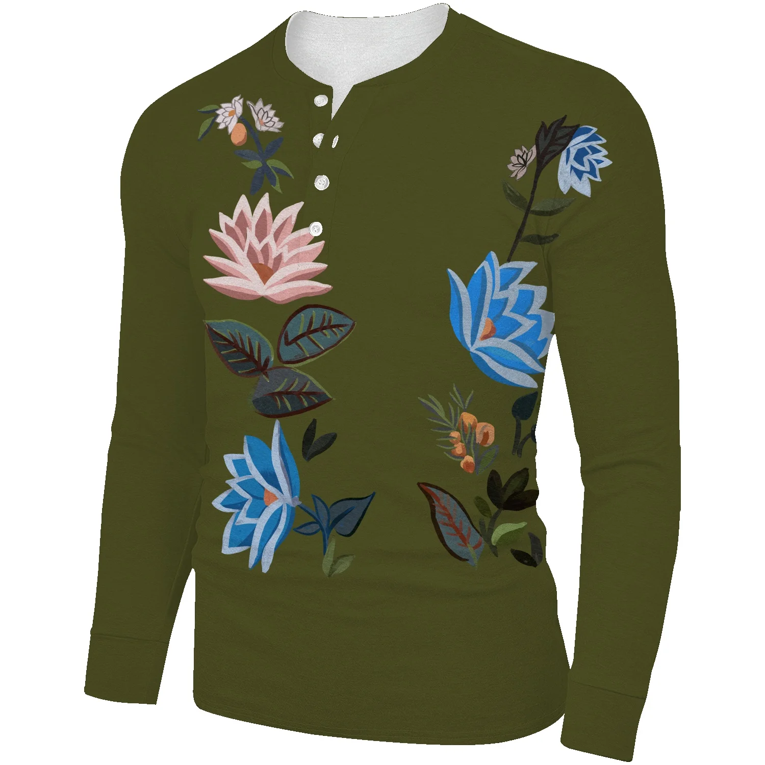 

Мужской утепленный пуловер с принтом листьев, теплый хлопковый пуловер с воротником «Генри» в стиле ретро, Осень-зима