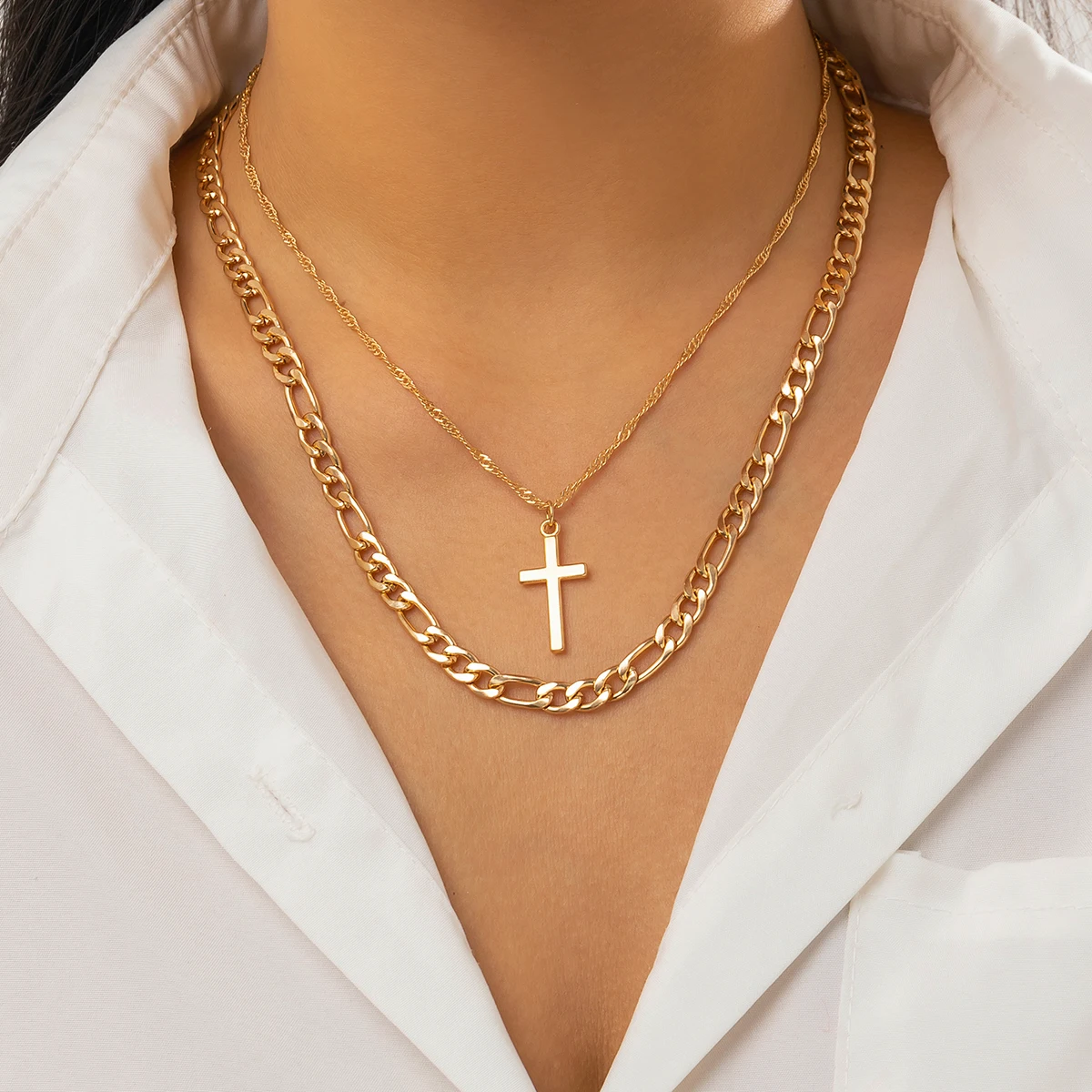 

Salircon Fashion New Figaro Chain Necklace For Men Punk Simple Smooth Metal Cross Pendant Necklace Hip Hop Jewelry Gift
