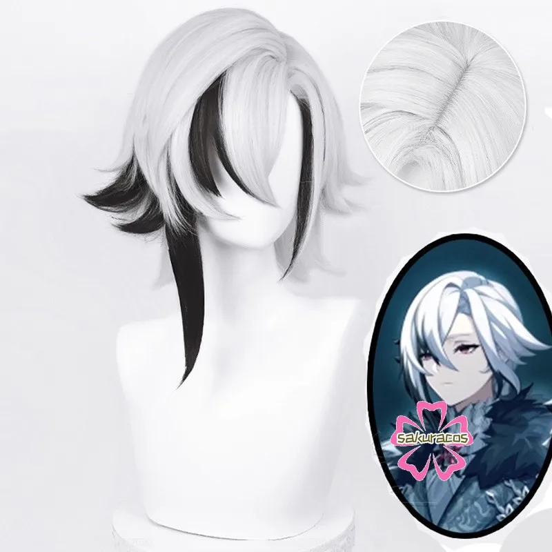 

Game Genshin Impact Fatui Cosplay Arlecchino Fatui The Knave Silver Mixed Black Short Halloween Party Cosplay Wigs +Free Wig Cap