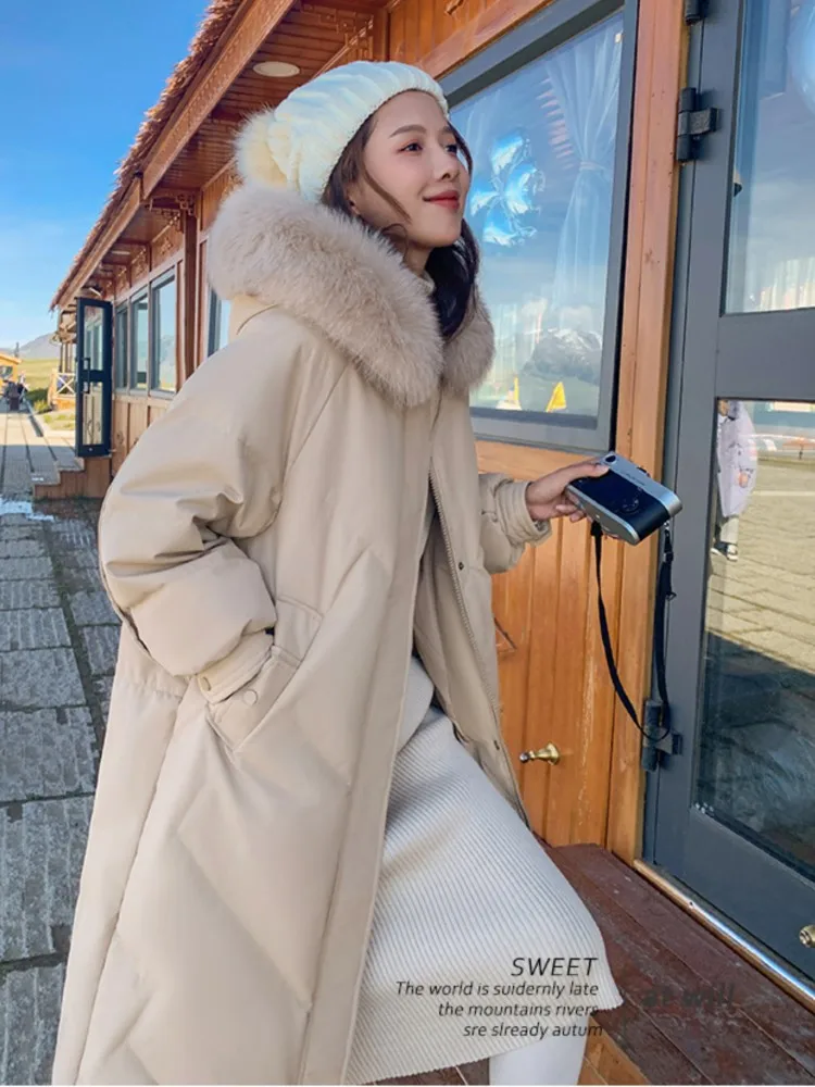 Winter Women's Purple Cotton Coat Casual Thick Warm Fur Collar Hooded Long Parkas Female Fashion Outwear 2022 New