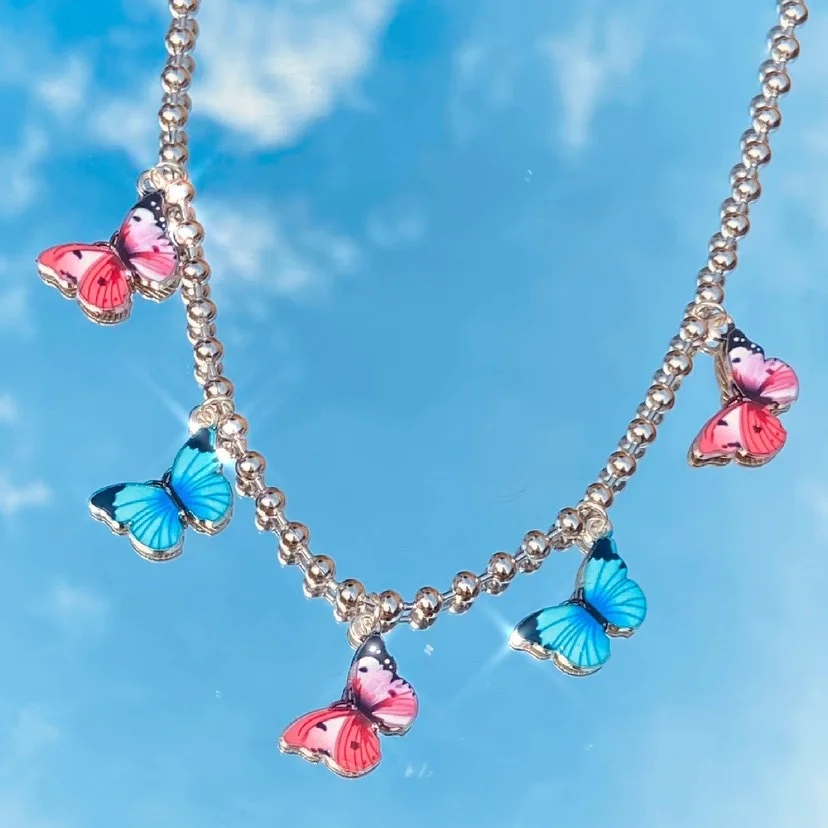 

Goth Butterfly Beads Pendant Pink Accessories Hip Hop Gothic Style Best Friend Jewelry on the Neck Punk Women's Neck Chain