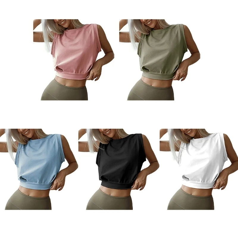 

Women Summer Sleeveless Loose T-Shirt Athletic Running Gym Workout Crop Top