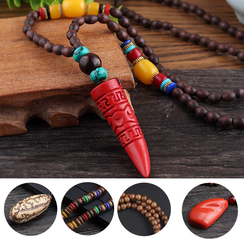 

High Quality Retro Ethnic Wooden Beads Handmade Pendant Necklace Long Sweater Chain Material Plastic Resin