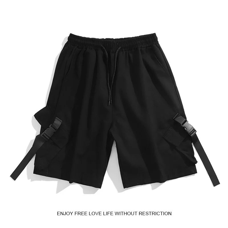 

High quality Straight large pocket overalls shorts with streamer loose wide leg pants for men's five quarter trousers