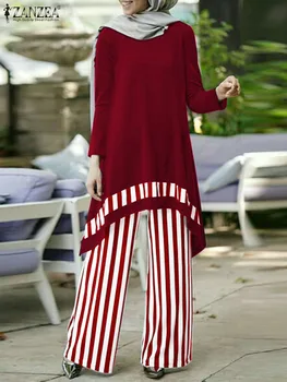 ZANZEA Elegant Muslim Suit Bohemian O-Neck Long Sleeve Blouse Oversized Tops Wide Leg Pant Striped Printed Vintage Set 2PCS 2