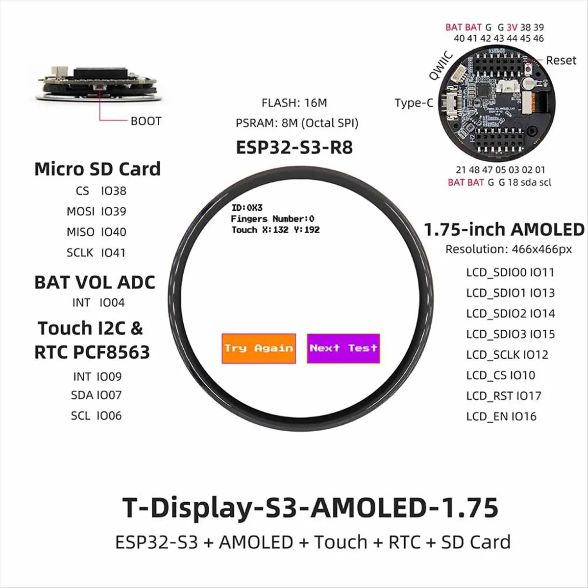 Суперраспродажа: Плата разработки T-Display-S3 ESP32-S3, 1,75-дюймовый AMOLED-дисплей, Wi-Fi, Bluetooth, 16 МБ флэш-памяти, 8 МБ PSRAM (art.: 3920dc8e2a3fa) - 3920dc8e2a3fa