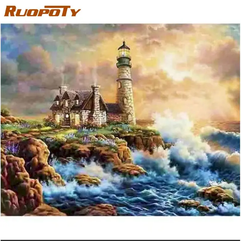 

RUOPOTY Painting By Numbers Seaside castle Drawing On Canvas HandPainted Art Gift DIY Pictures By Number Scenery Kits Home Decor