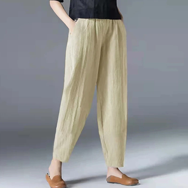 Cotton Linen Ankle Length Pants Women 2022 Spring Summer Casual Trousers Black White Elastic Waist Loose Pants