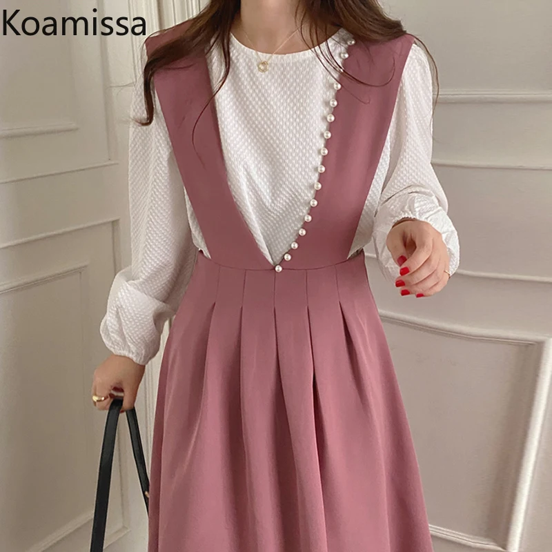 

Женский костюм Koamissa с длинным рукавом, блузка с круглым вырезом и платье на бретельках с жемчужинами, комплект из двух предметов