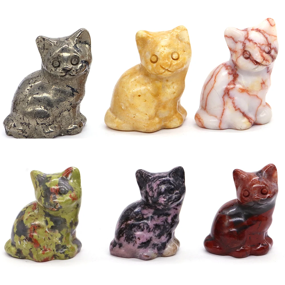 

1.2" Cute Cat Statue Hand Carved Gemstone Crafts Home Decoration Healing Crystal Quartz Animal Figurine Office Decor Lovely Gift