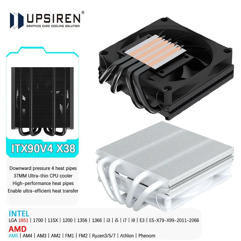 Фото Кулер для процессора UPSIREN ITX90V4 X38 с 4 тепловыми трубками, ультратонкий (37 мм), с нижним потоком воздуха, высокопроизводительный, с поддержкой LGA1851/1700, AMD AM5 №2