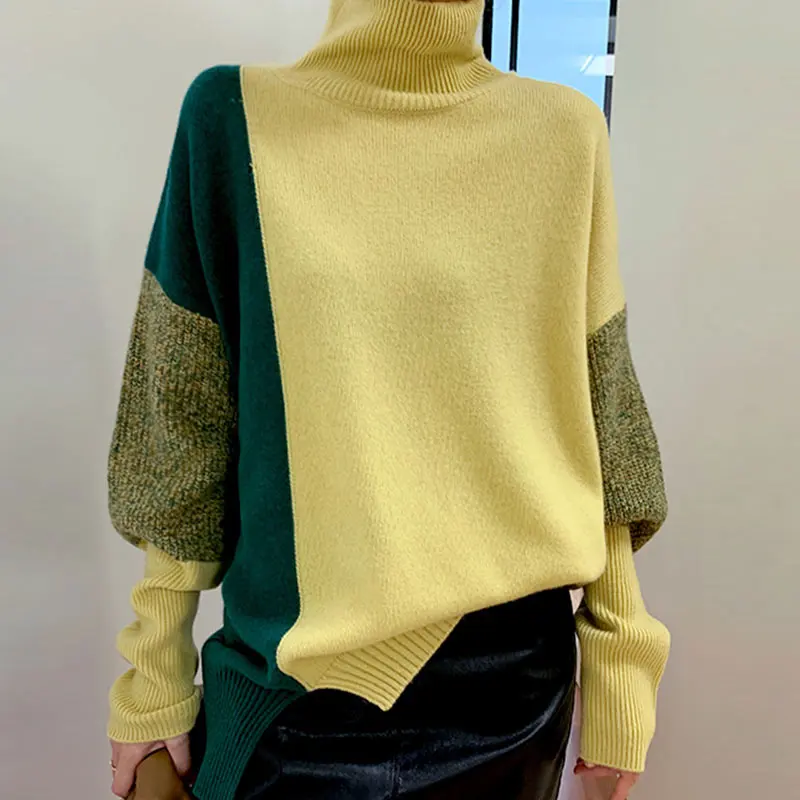 

Women's Turtleneck Sweater Color Contrast 2021 Autumn Winter Warm Pullover Sweater For Women Loose Soft Knitted Sweaters Female