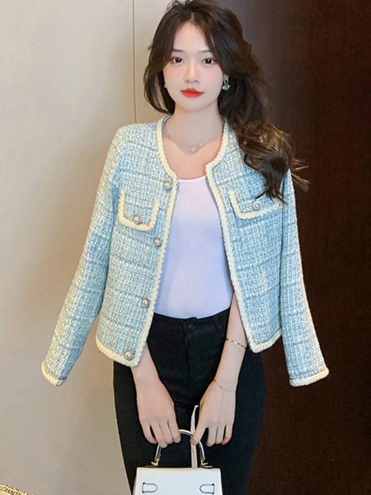 

Runway Blue Small Fragrance Chic Woolen Tweed Plaid Jacket Women High End Brand Coats Top Female Outerwear Casacos
