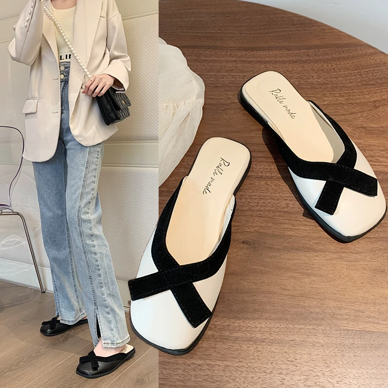

Butterfly-Knot Shoes Cover Toe Low Woman's Slippers Slides Loafers Square heel Female Mule 2022 Block Flat Mules Butterfly-knot