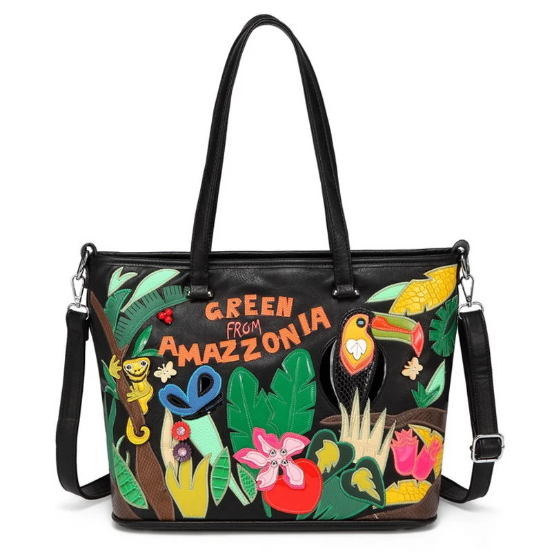 Women Bags Leather Patchwork Embroidery Purse Handbag Shoulder Bags Messenger Bag Totes Braccialini Style Art Cartoon Rainforest