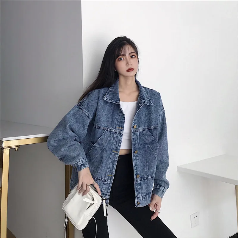 Autumn Winter New Women Denim Jacket Fashion Design Large Pockets Single Breasted Casual Loose High Street Retro Lapel Coats