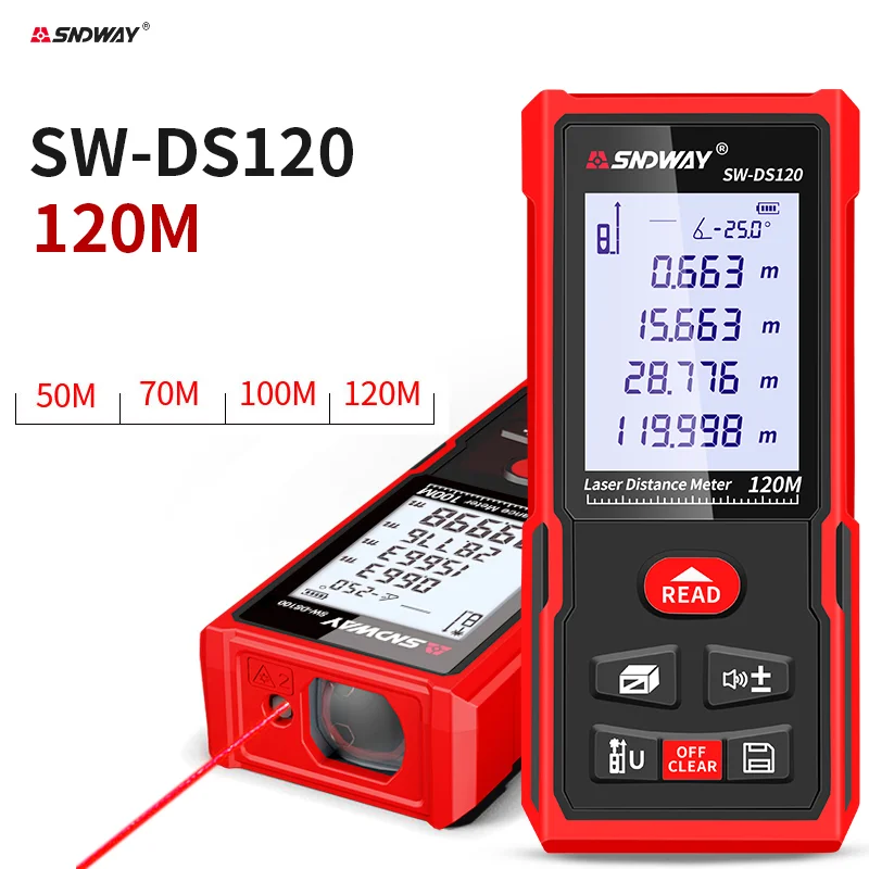 

SNDWAY Laser Rangefinder High Accurate Roulette Laser Distance Meter Measuring 40M 100M 120M Digital Tape Measure Range Finder