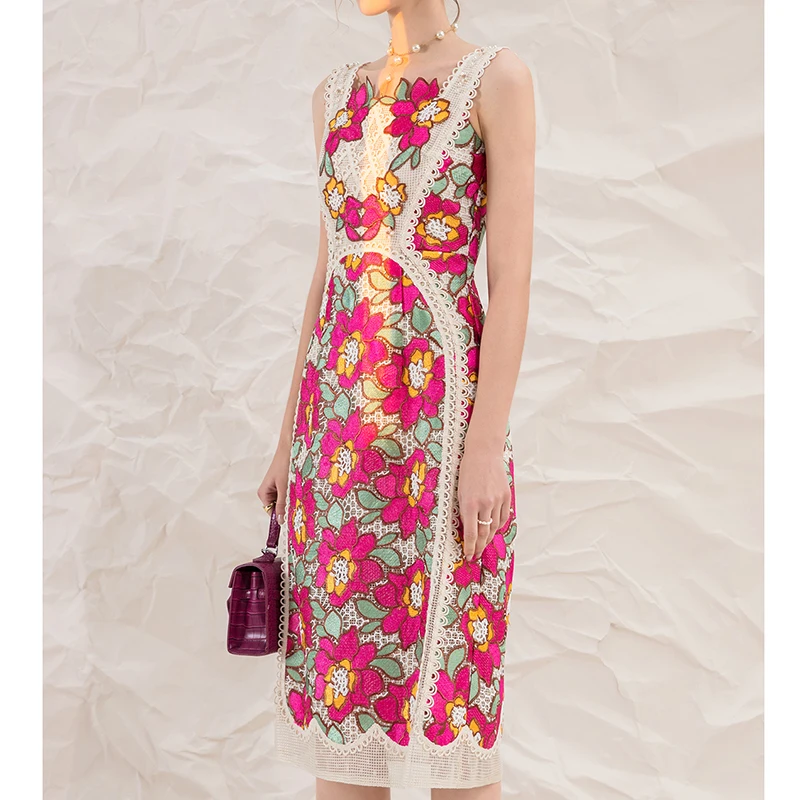 

Женское винтажное платье с цветочной вышивкой, облегающее платье без рукавов с красным цветочным кружевом, роскошное летнее платье 2023
