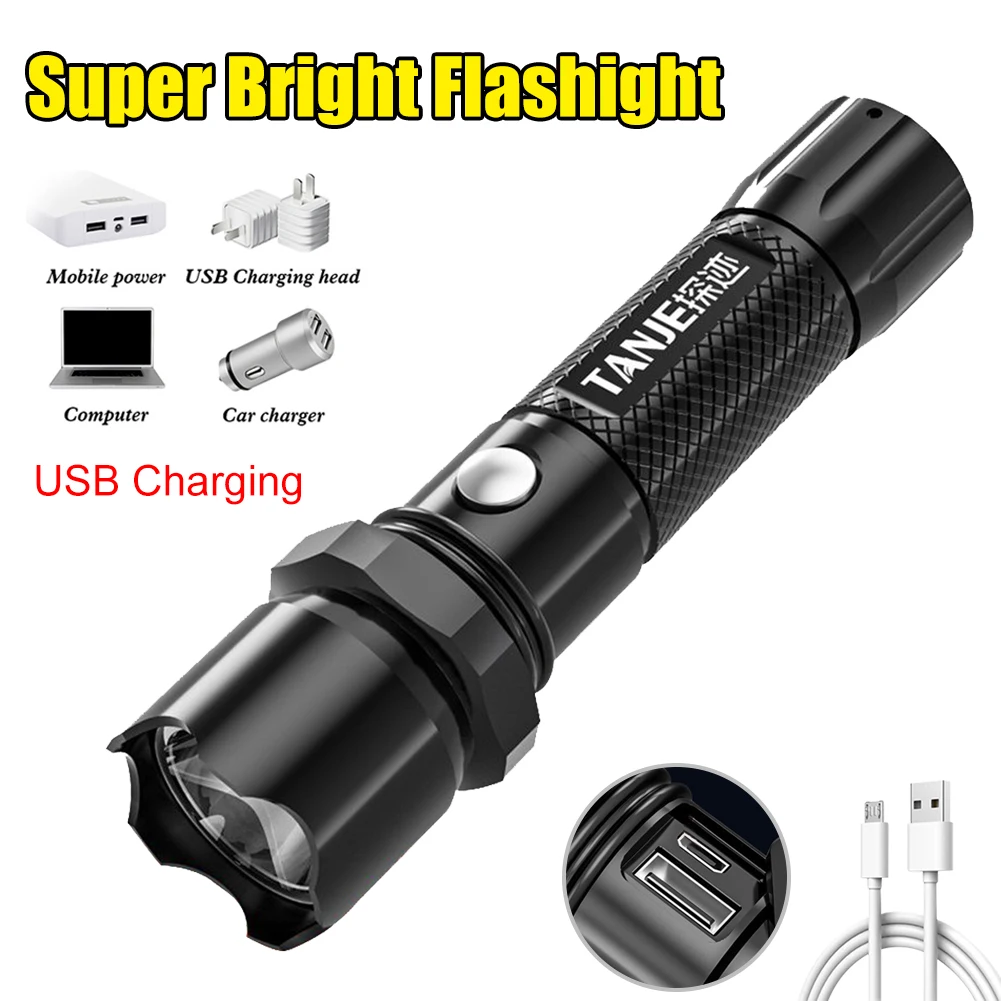 

LED Flashlight Rechargeable USB Hand Torch Waterproof Flash Light Built In Battery With 3 Modes Household Camping Hunting Light