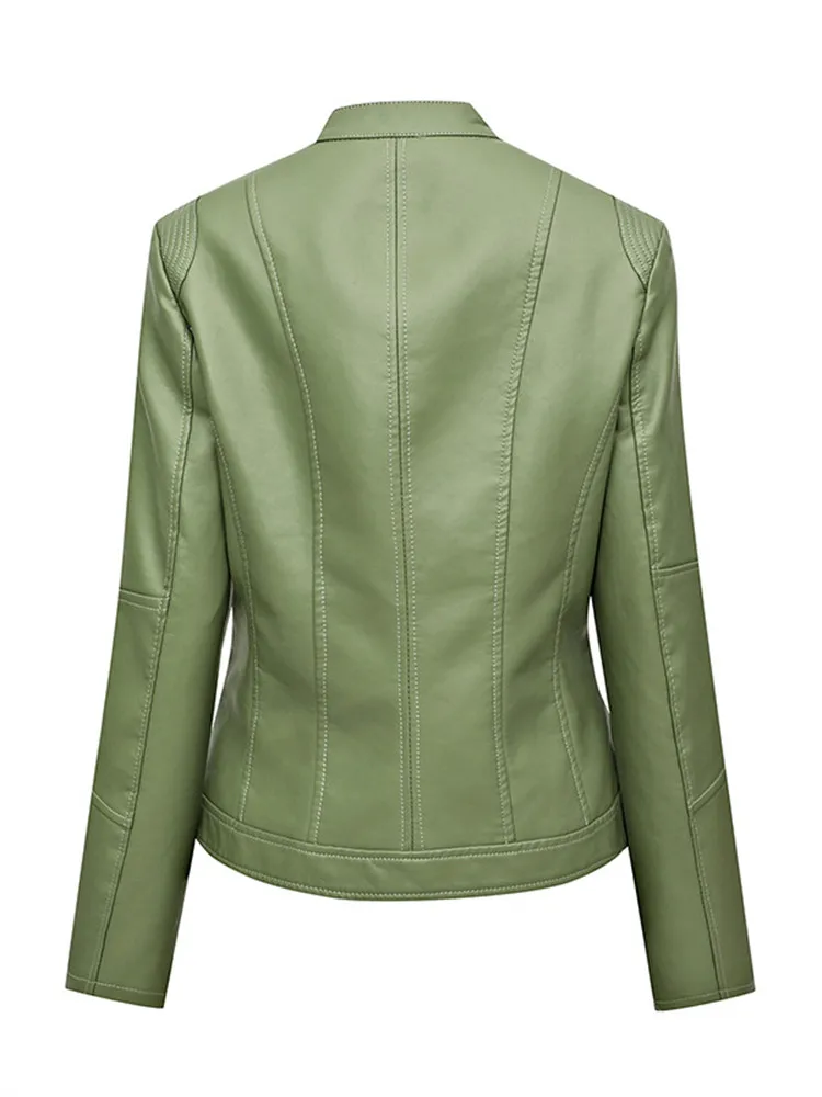 New Slim Leather Jacket Women Fashion Stand Collar Zipper Outer Wear Tops Solid Color PU Leather Jacket Green JD2281 enlarge