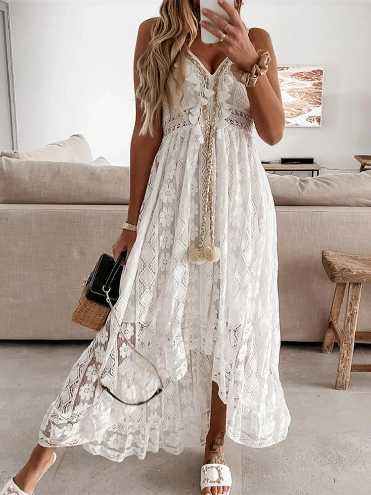 

Summer Boho Long Dresses Women Lace V Neck Spaghetti Strap Lady Off Shoulder Beach Sundress White Dress Vestidos De Mujer