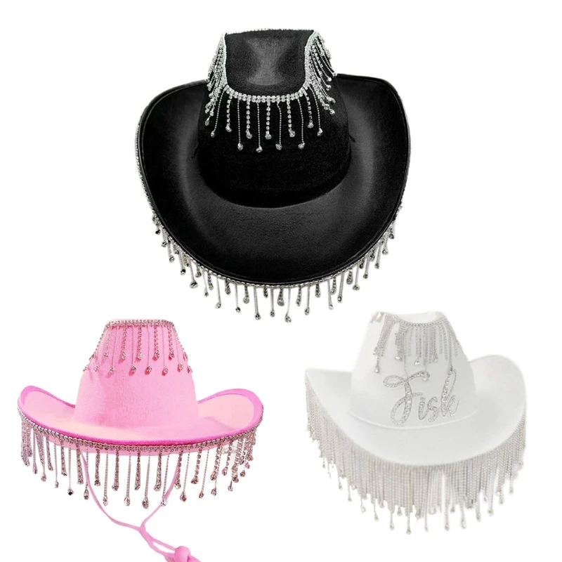 Cowgirl Hat for Adult Cowboy Hat with Rhinestones Tassel Rave Hats Fit Most Women for Theme Party Black White Pink Wholesale