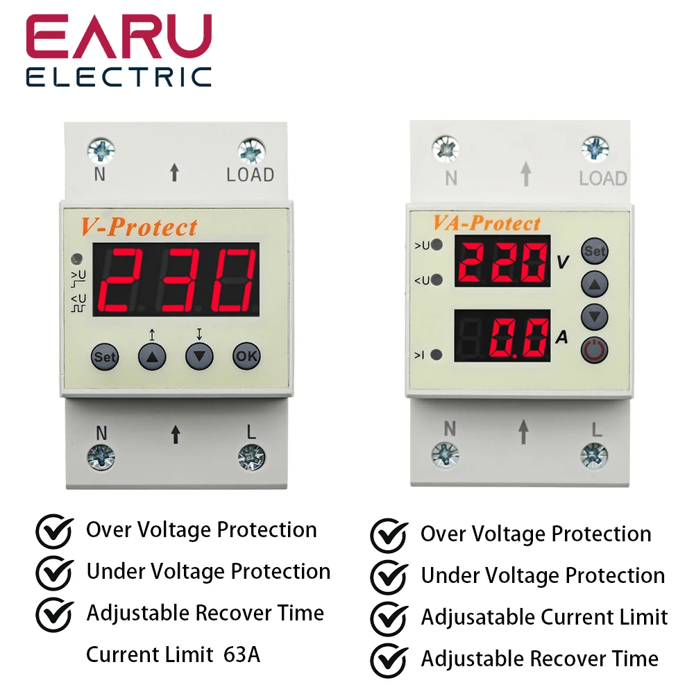

63A 230V Din Rail Adjustable Over Voltage And Under Voltage Protective Device Protector Relay Over Current Protection Limit