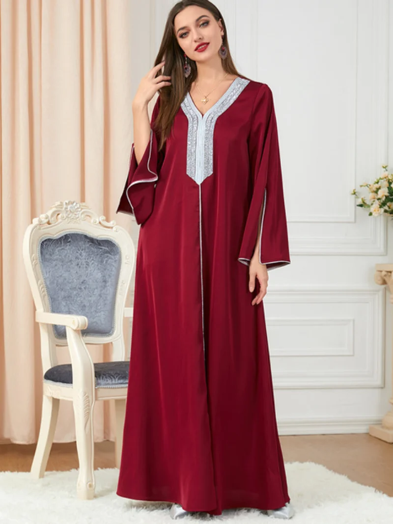 Morocco Party Dress Muslim Women Abaya Prayer Caftan V Neck Diamond Maxi Dresses Robe India Abayas Dubai Longue Vestidos Largos