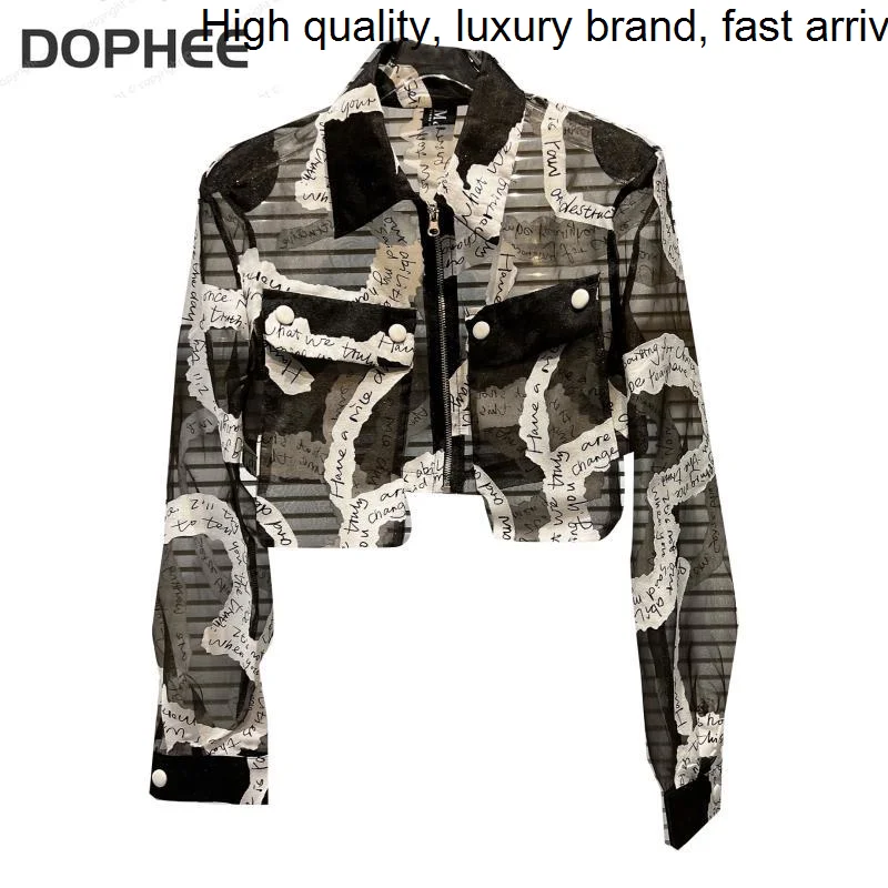 

New Summer 2023 Fashion English Alphabet Sheer Mesh Sunscreen Shirt Turn-down Collar Zipper Long-sleeved Thin Short Jacket Coat