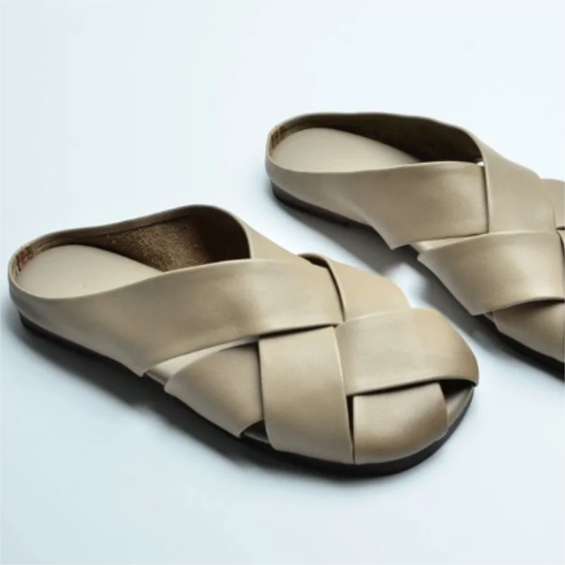 

Сандалии женские с круглым носком и плоской подошвой, универсальные винтажные плетеные босоножки с вырезами, простые модные тапочки, лето