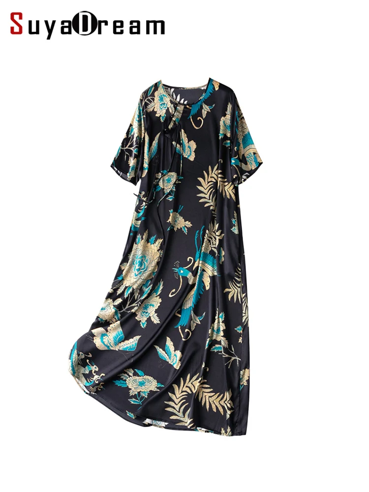 

SuyaDream Women FLoral Dresses 20mm 93%Real Silk 7%Spandex Printed A Line Vintage Long Dress 2023 Spring Summer Black Clothes