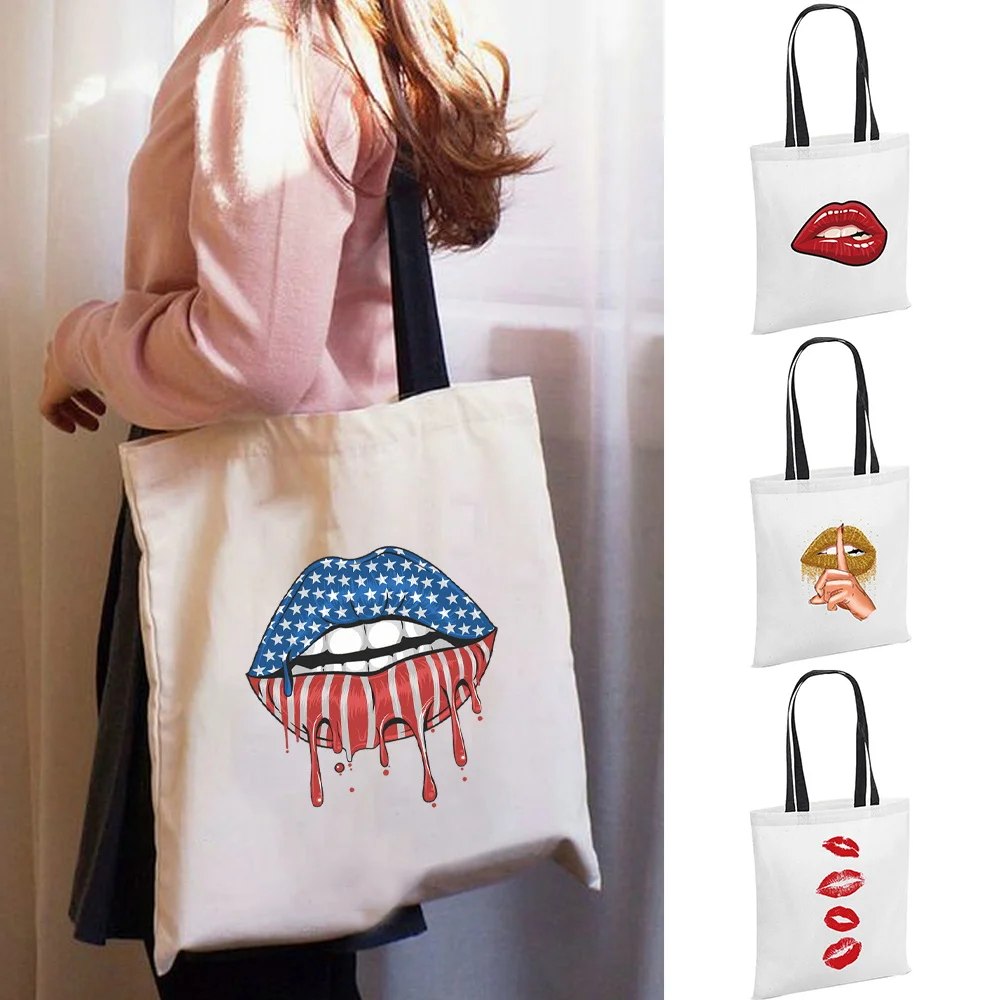 

Canvas Women Shoulder Bags Casual Reusable Shopping Handbags for Girls Foldable Mouth Series Print Supermarket Organizer Tote