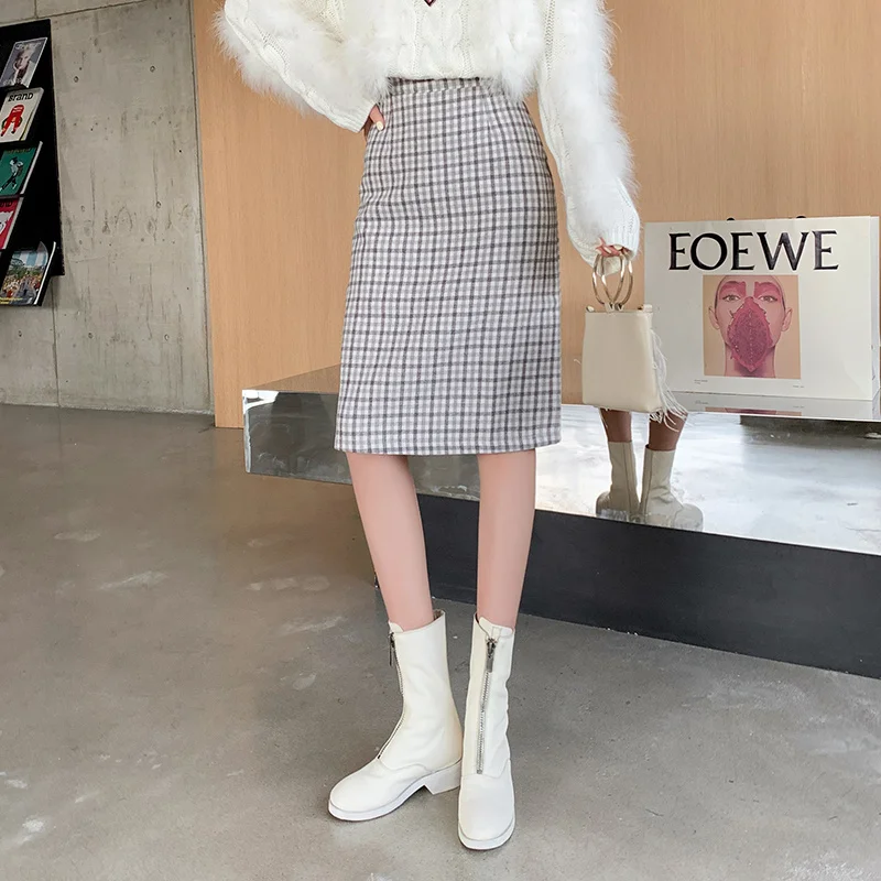 

Фланелевые шерстяные клетчатые юбки с завышенной талией, женские юбки миди в клетку, Женская винтажная облегающая трапециевидная юбка в английском стиле на осень и зиму P033