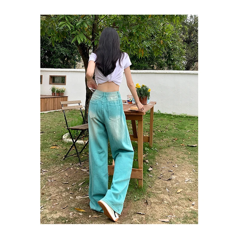 Jeans Women's Pants 2023 New Autumn and Winter Peacock Blue High Street Korean Version Loose fitting High Waist Straight Sleeve