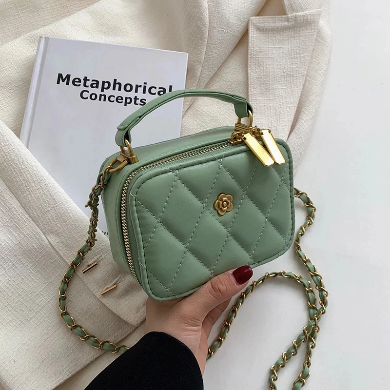 

Box Chain Small Women's Shoulder Crossbody Messenger Bag 2022 Summer Designer PU Leather Luxury Brand Tote with Short Handle Han