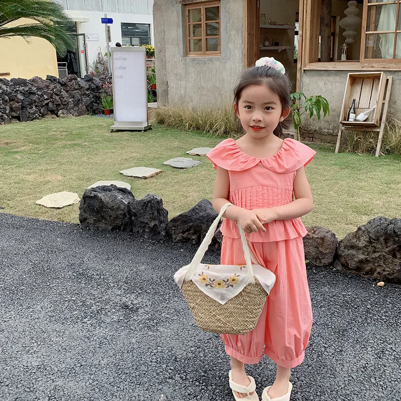 

Girls' set 2022 summer children's Pink Ruffle vest nine point lantern pants two-piece set 11-73