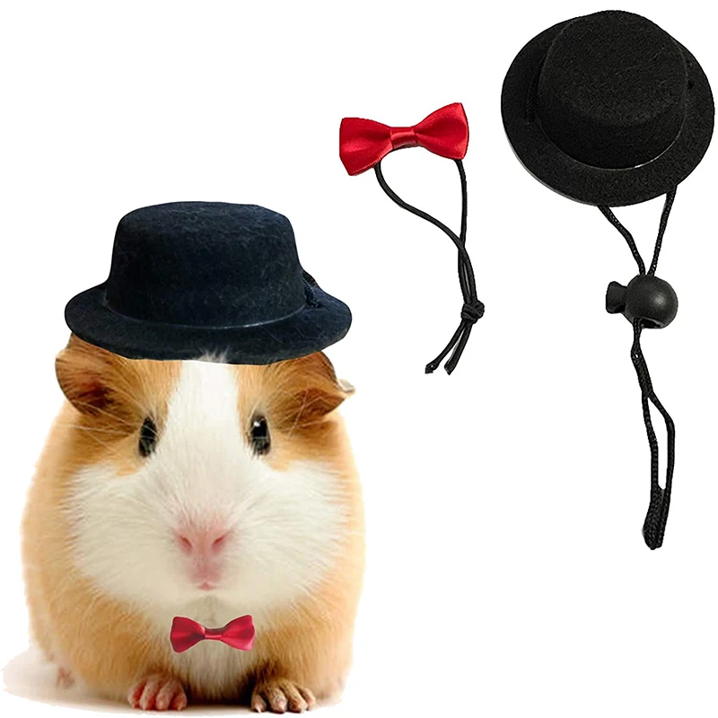 2Pcs/Set Guinea Pig Hat and Bowtie Hamster Costume Outfit Rats Chinchilla Cap Hedgehog Hat Small Pet Items Accessories