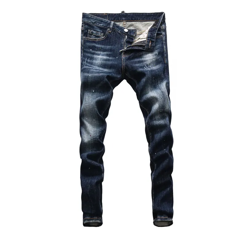 Fashion Designer Men Jeans Retro Vintage Blue High Quality Elastic Slim Fit Ripped Jeans Men Painted Hip Hop Brand Pants Hombre
